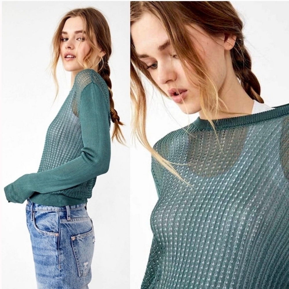 Free People H2O Crew Open Stitch Knit Long Sleeve Top Jade Green XS NWT Boho - Picture 4 of 13
